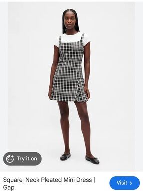 GAP Black & White Plaid Square-Neck Pleated Mini Dress